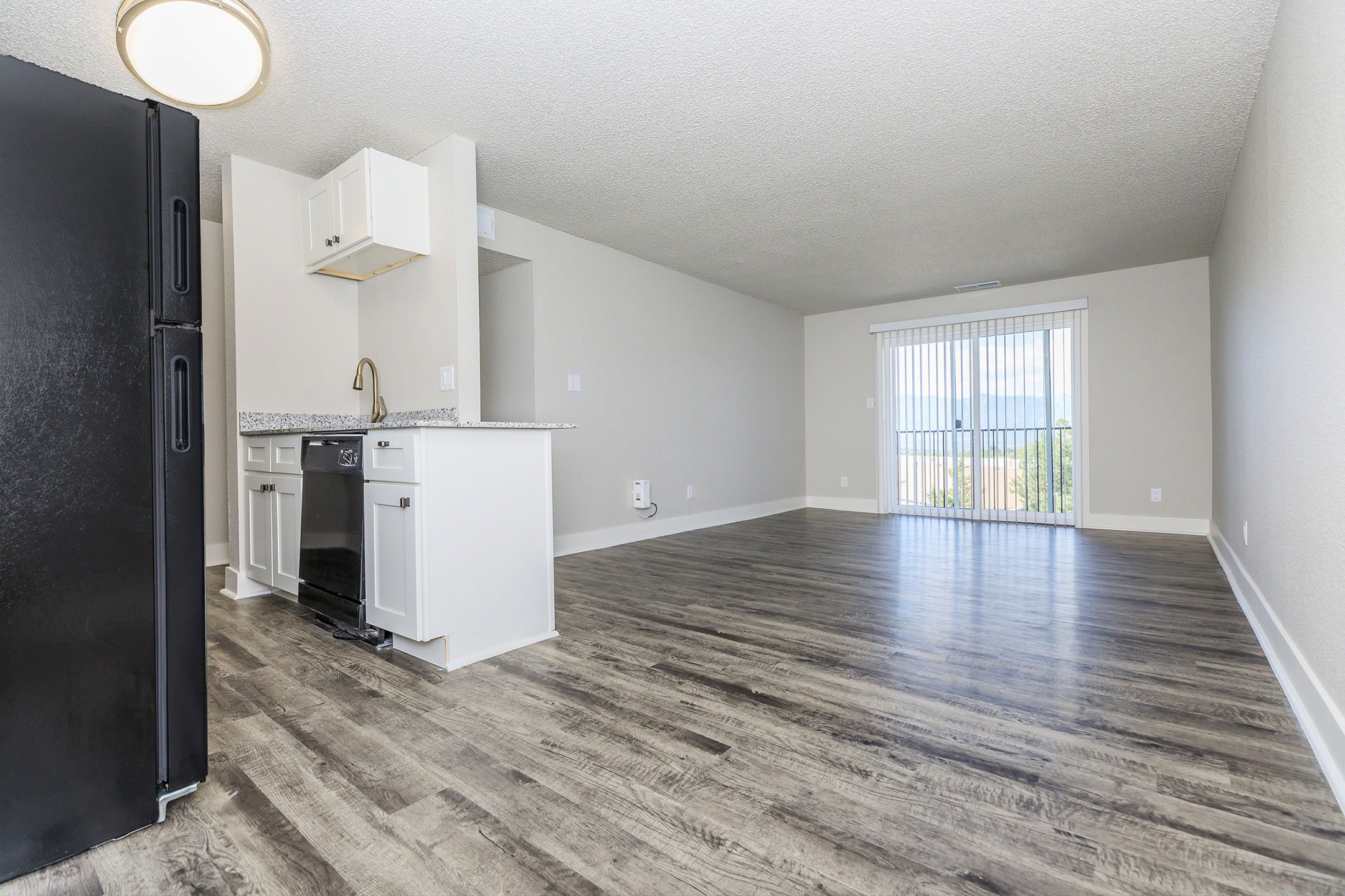 modern living room with wood floor at Stone Canyon apartments in Colorado Springs